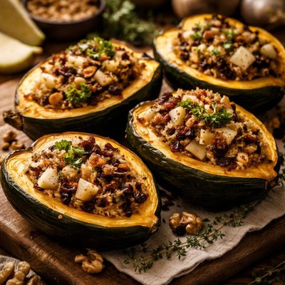 Image of Acorn Squash Stuffed W Pears Wild Rice Walnuts