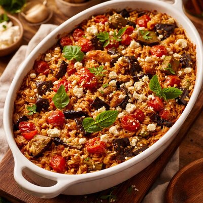 Image of Aegean Eggplant Aubergine Tomato Orzo Casserole