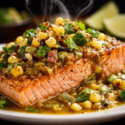 Image of Alaska Salmon W Tomatillo Sauce Fresh Corn Poblano Chile