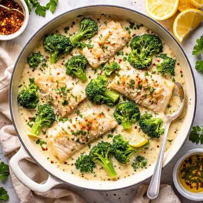 Image of Alaskan Pollack with Broccoli in a Cream Sauce