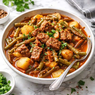Image of Albanian Stewed Green Beans and Potatoes with Smokey Seitan
