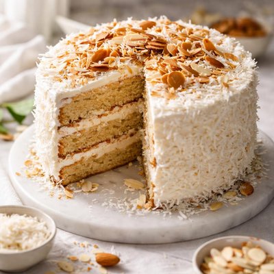 Image of Almond Coconut 3 Layer Cake with Coconut Frosting