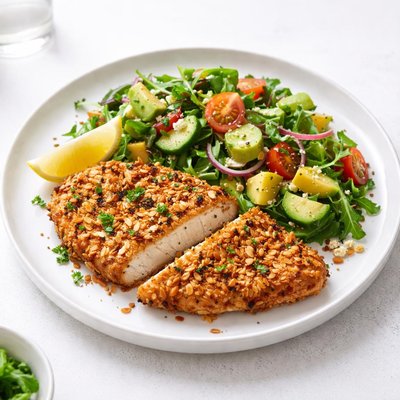 Image of Almond Crumbed Chicken Schnitzel with Avocado Salad