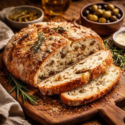 Image of Almost No Knead Bread with Olives Rosemary and Parmesan
