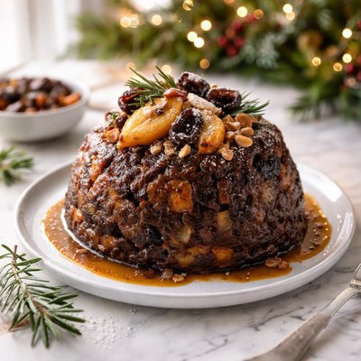 Image of Apple Prune and Peach Christmas Pudding