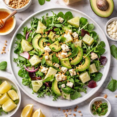 Image of Avocado Feta Honeydew on Greens Topped with Pine Nuts