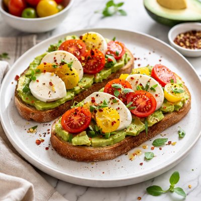 Image of Tostada de aguacate con mozzarella y tomates