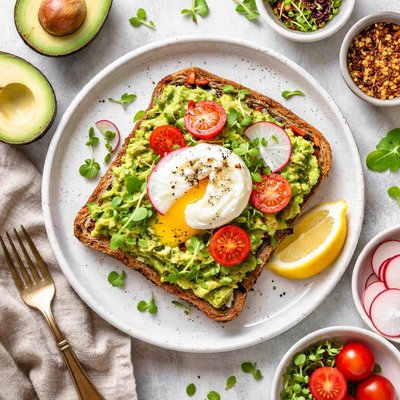 Image of Tostada de aguacate sin lácteos con huevo pochado.