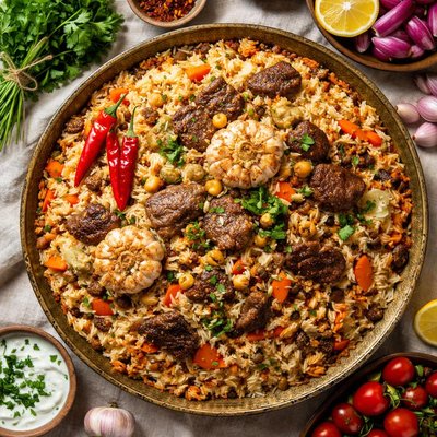 Image of Baachsh Traditional Bochari Rice Meat and Coriander Dish