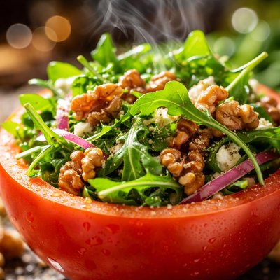Image of Baby Arugula and Walnut Salad in a Tomato Bowl