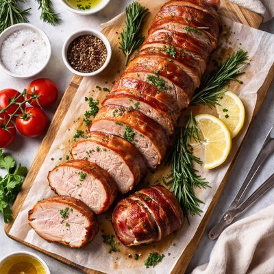 Image of Ternera de cerdo envuelta en tocino paleo