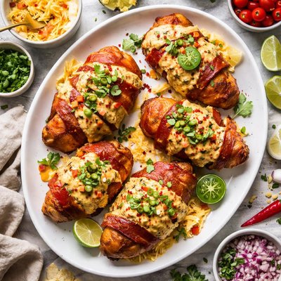 Image of Bacon Wrapped Chicken Breasts with Chile Cheese Sauce