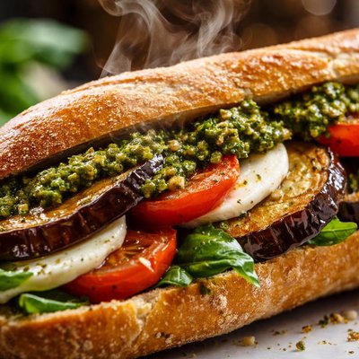 Image of Baguette Sandwich with Roasted Eggplant Tomatoes and Pesto