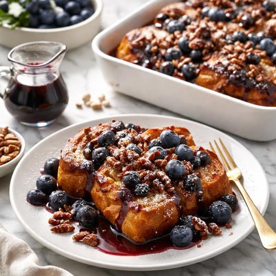 Image of Baked Blueberry Pecan French Toast with Blueberry Syrup