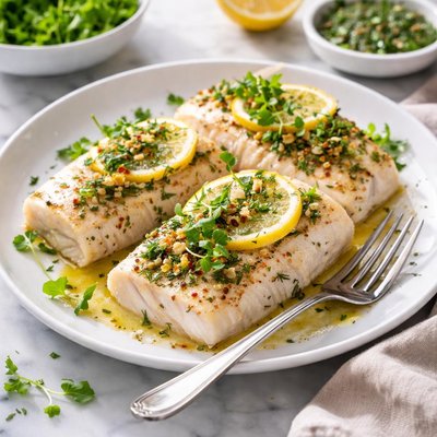 Image of Whole30 Baked Halibut with Lemon and Herbs