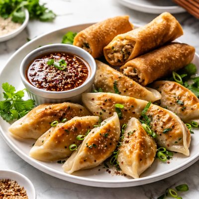 Image of Baked Pot Stickers Sweet Asian Dipping Sauce Chicken Egg Roll