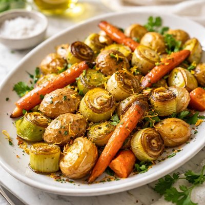 Image of Baked Potatoes Leeks and Carrots