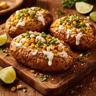 Image of Baked Potatoes with Corn and Crema Mexicana