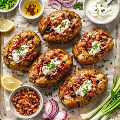 Image of Baked Potatoes with Roasted Onions and Sour Cream
