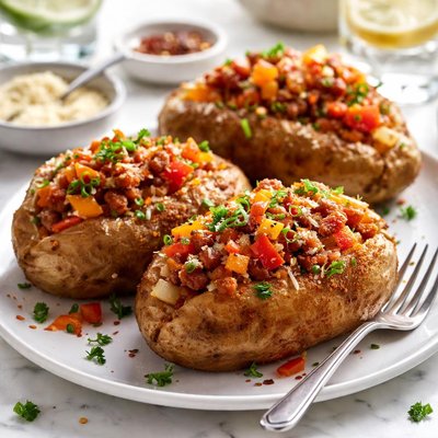 Image of Baked Potatoes with Sweet Pepper Sausage Topping