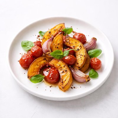 Image of Baked Pumpkin with Onions Tomatoes and Basil