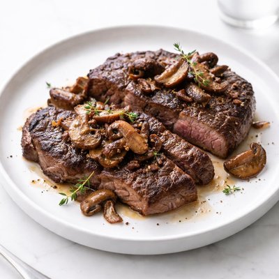 Image of Baked Rib Eye Steaks with Mushrooms
