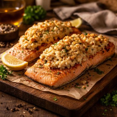 Image of Baked Salmon Topped with Crab