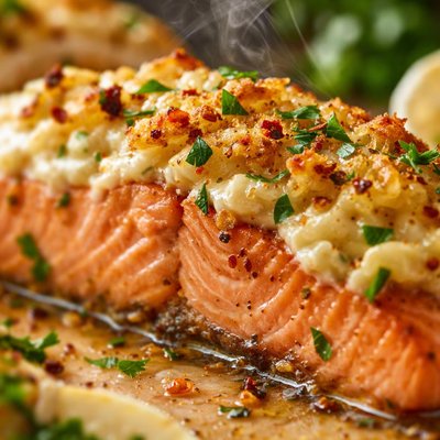 Image of Baked Salmon Topped with Roasted Garlic and Savory Mayo