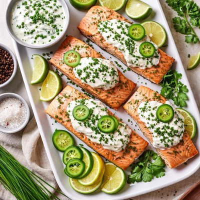 Image of Baked Salmon with Lime Jalapeno Chive and Sour Cream Sauce