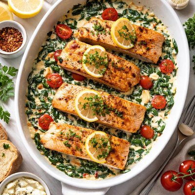 Image of Baked Salmon with Mascarpone Spinach