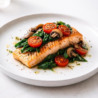 Image of Baked Salmon with Tomatoes Spinach and Mushrooms