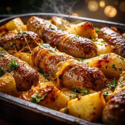 Image of Baked Sausages with Potatoes and Cheddar