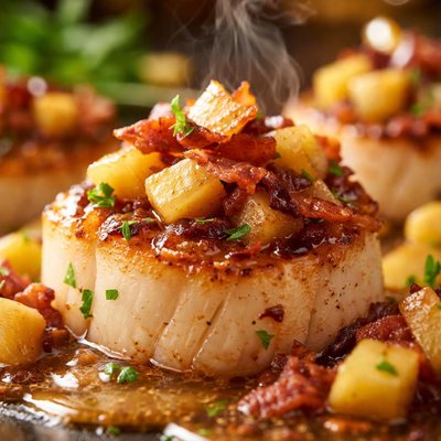 Image of Baked Scallops with Bacon Sauteed Apples and Cider Sauce