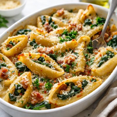 Image of Baked Shells with Fresh Spinach and Pancetta
