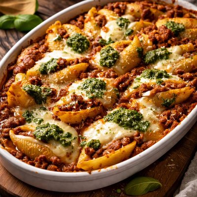 Image of Baked Shells with Pesto Mozzarella and Meat Sauce