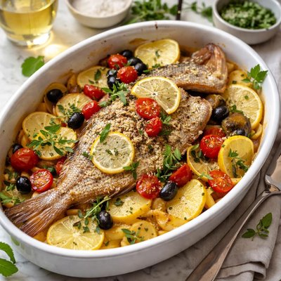 Image of Baked Snapper with Potatoes Oregano and White Wine