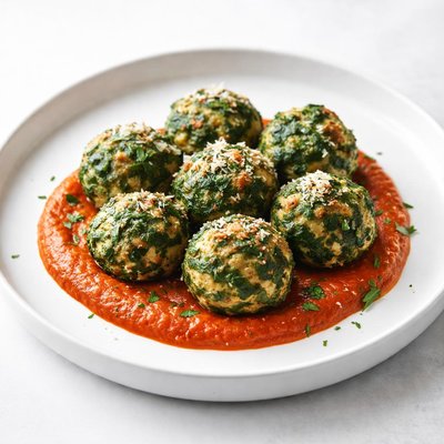 Image of Baked Spanish Spinach Balls in Roasted Bell Pepper Sauce Albond
