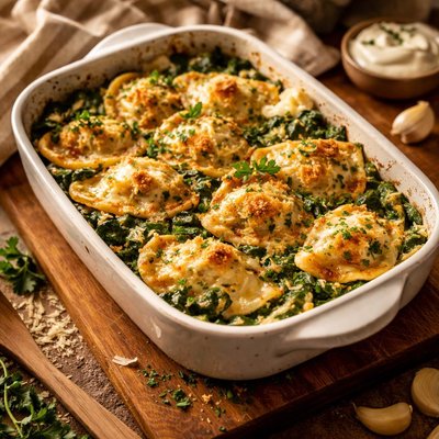 Image of Baked Spinach and Pierogies