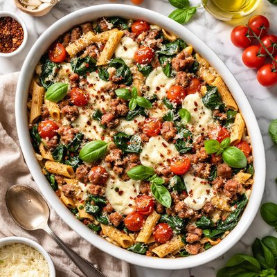 Image of Baked Spinach with Sausage Tomatoes and Penne
