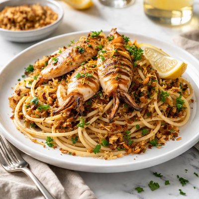 Image of Baked Squid with Garlic Anchovy Pasta