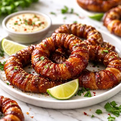Image of Baked Sriracha Brown Sugar Glazed Bacon Wrapped Onion Rings