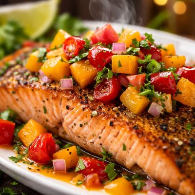 Image of Baked Steelhead Trout Salmon with Apricot Salsa