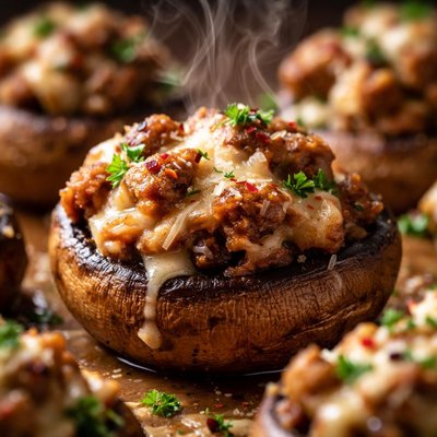 Image of Baked Stuffed Mushrooms with Sausage and Mozzarella