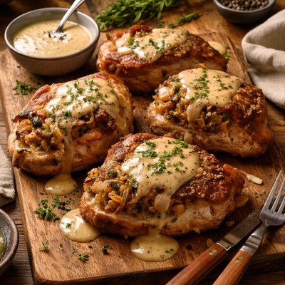 Image of Baked Stuffed Pork Chops and Pan Gravy