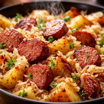Image of Baked Summer Sausage Potatoes Sauerkraut