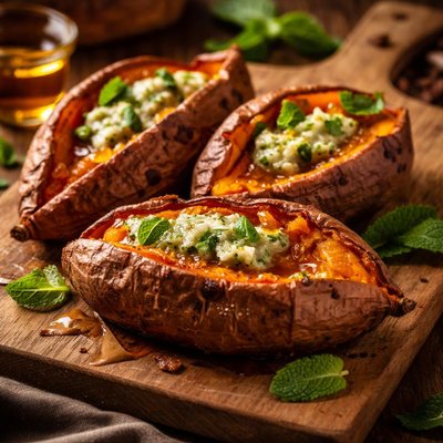 Image of Baked Sweet Potatoes with Honey Mint Butter