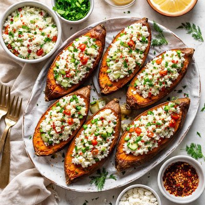 Image of Baked Sweet Potatoes with Yogurt Rice Topping