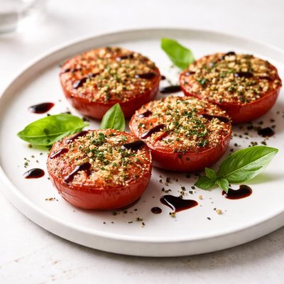 Image of Baked Tomatoes with a Parmesan Cheese Crust and Balsamic Drizzle