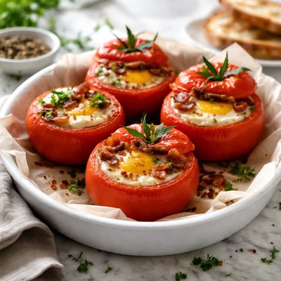 Image of Baked Tomatoes with Bacon and Eggs