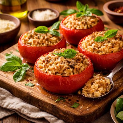 Image of Baked Tomatoes with Basil Orzo